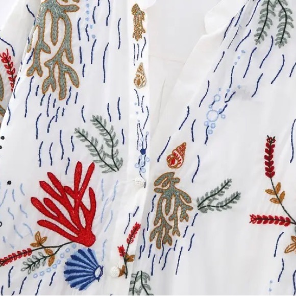 Lena Vie Embroidered Ocean Life Long Sleeve Cotton Button Down Tunic - Picture 6 of 8